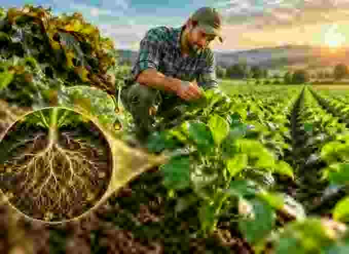 Realistic farm scene showing healthy crop growth supported by seaweed extract fertilizer
