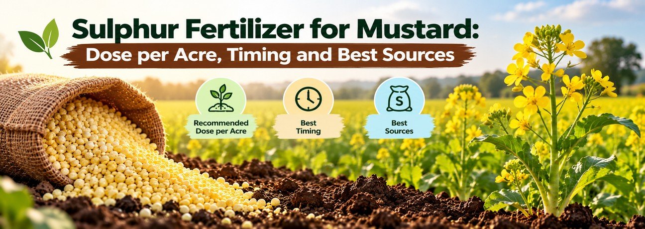 Sulphur fertilizer for mustard banner showing a mustard field and Sulphur 90% WDG bag